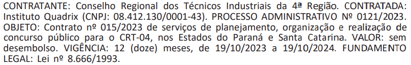 Extrato de contrato com a banca.