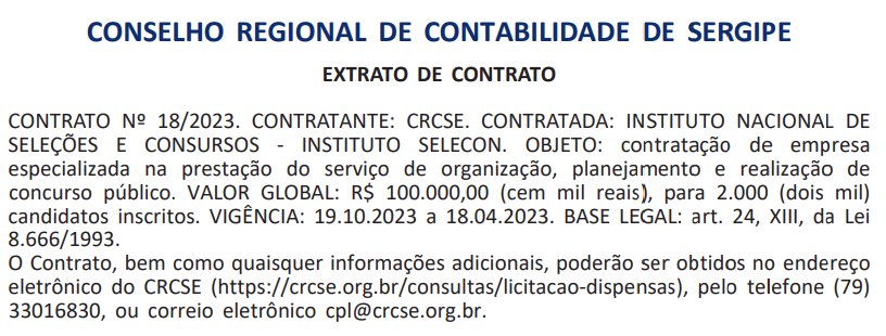 Extrato de contrato concurso CRC SE.