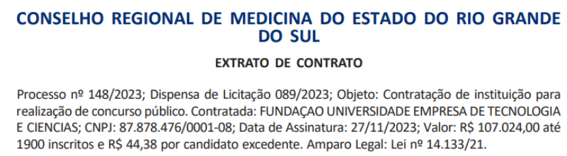 Extrato de contrato com a banca Fundatec.