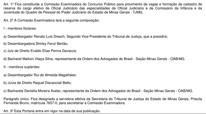 Comissão oficial instituída concurso TJMG.