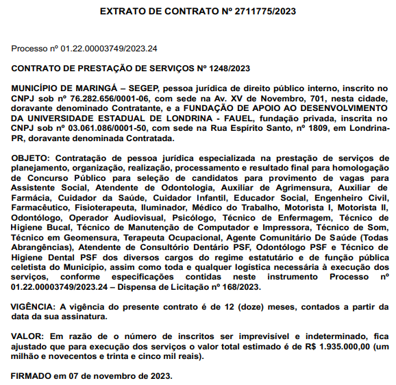 Extrato de contrato da banca organizadora, Fauel, responsável pelo próximo edital da Prefeitura de Maringá