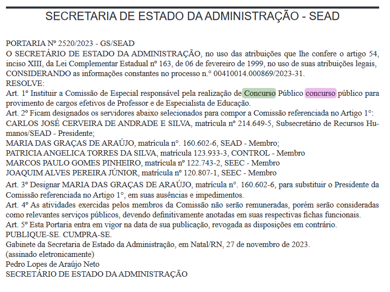 Concurso SEEC RN: comissão formada