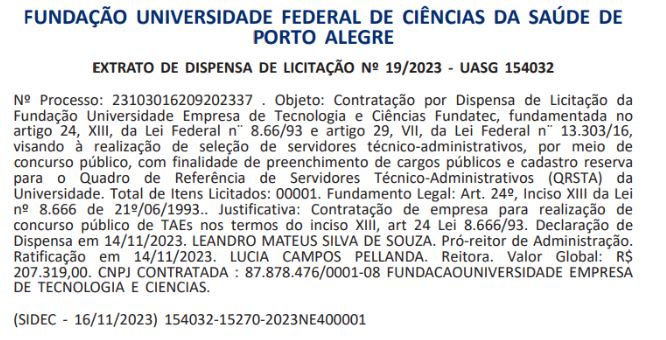 Extrato de dispensa de licitação.