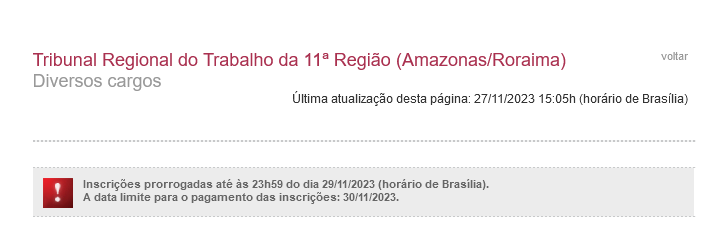 Inscrições prorrogadas do concurso TRT 11