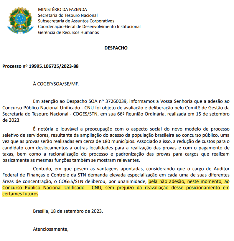 STN não participará do Concurso Nacional Unificado