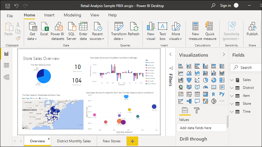 Captura de tela do Power BI Desktop mostrando dados de exemplo.