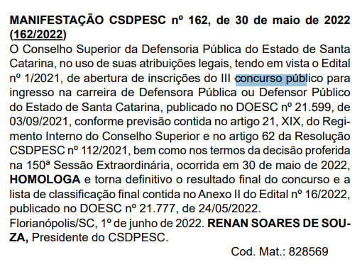 Concurso DPE SC Defensor: homologação publicada.