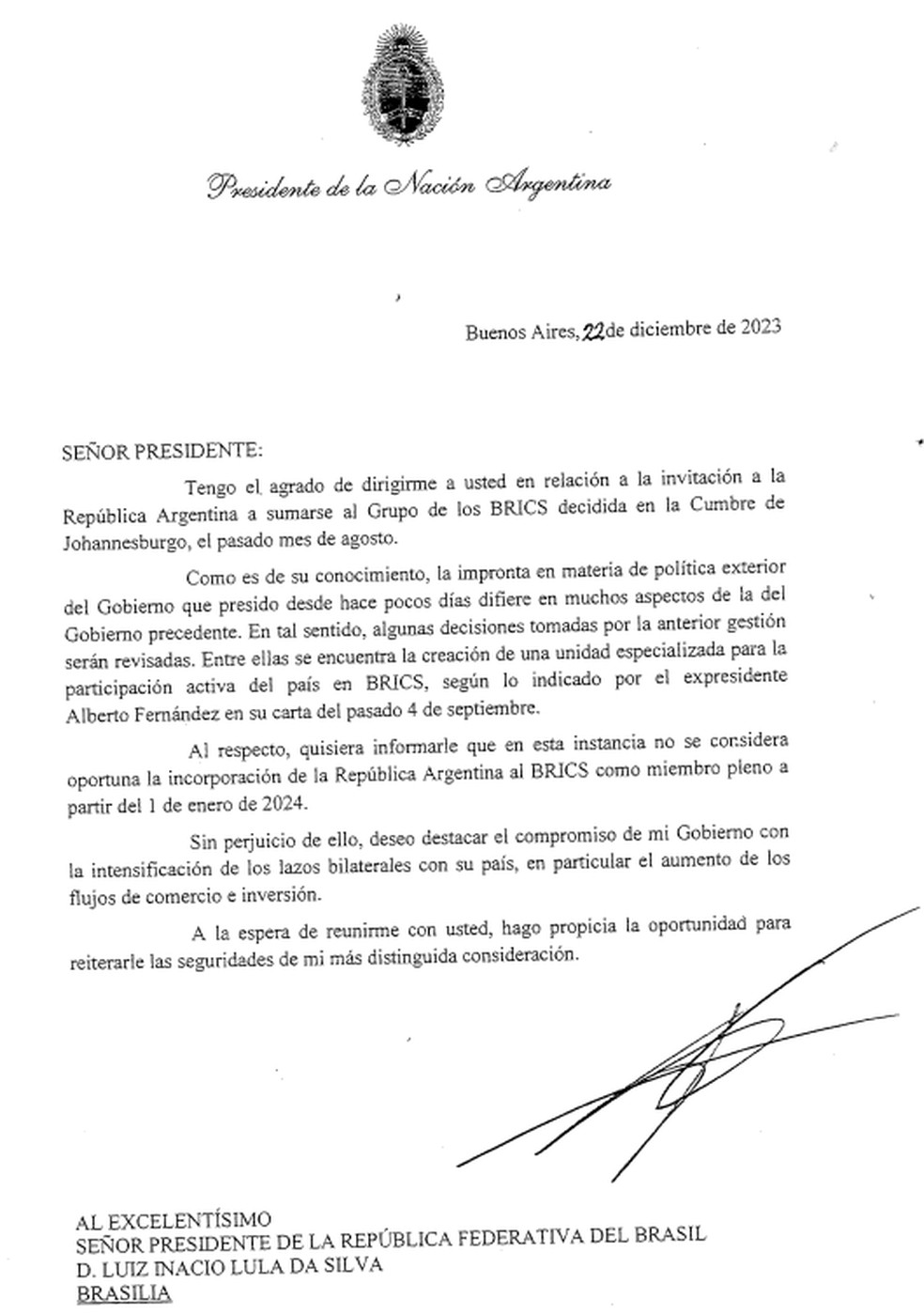 A carta enviada pelo governo argentino ao brasileiro negando convite para aderir ao Brics, em 22 de dezembro de 2023. — Foto: Reprodução