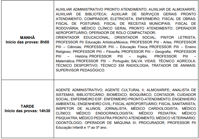 horários de prova do concurso pouso alegre