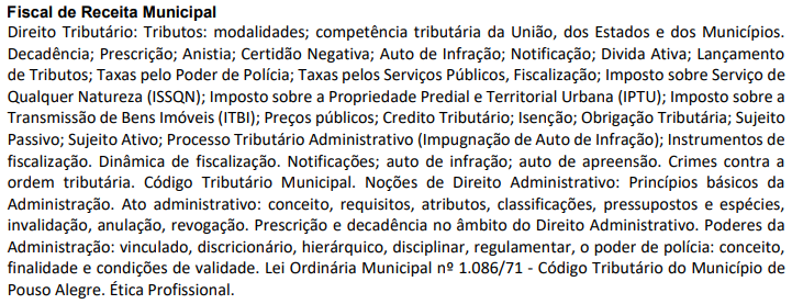 Conhecimentos específicos do concurso iss pouso alegre