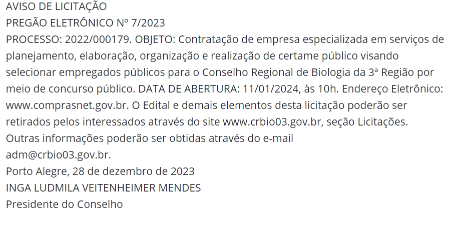 Concurso CRBio 3 está com a banca em definição.