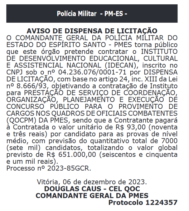 Idecan é a banca do concurso PM ES