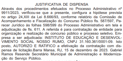 dispensa de licitação que confirma o Instituto Nosso Rumo como banca do concurso Barra Mansa