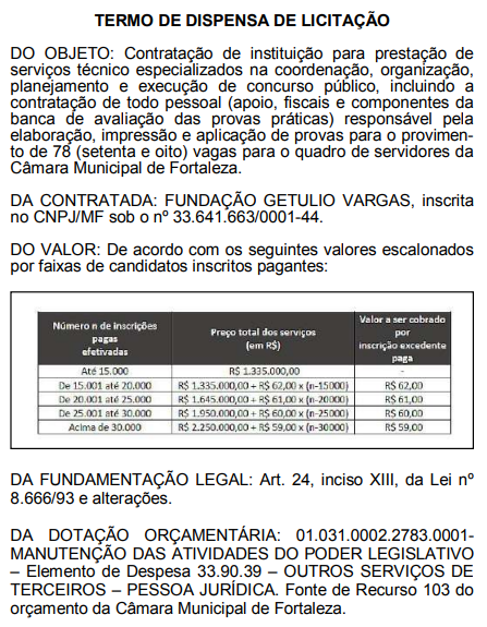 Concurso Câmara de Fortaleza: FGV é a banca de novo edital