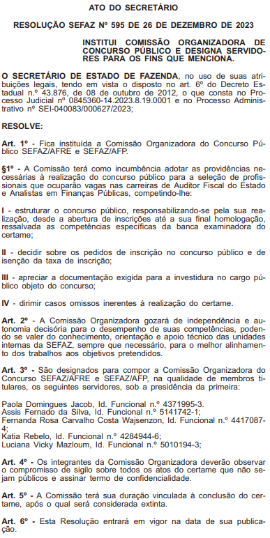 Comissão do concurso Sefaz RJ FORMADA; confira!