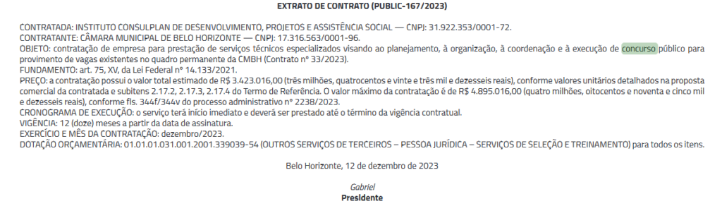 Concurso Câmara de BH: extrato de contrato publicado!