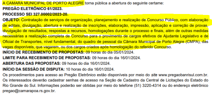 Concurso Câmara de Porto Alegre: banca em definição