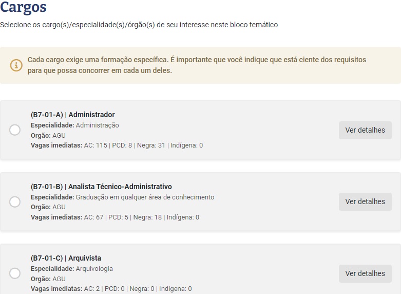 Opções de cargos na inscrição do Concurso Nacional Unificado (CNU)