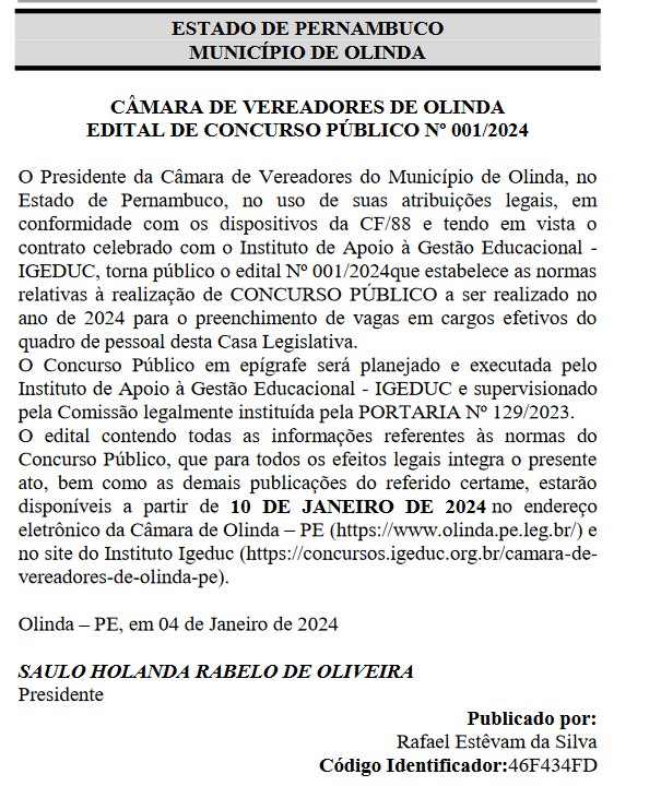 Edital do concurso Câmara de Olinda dia 10/01!