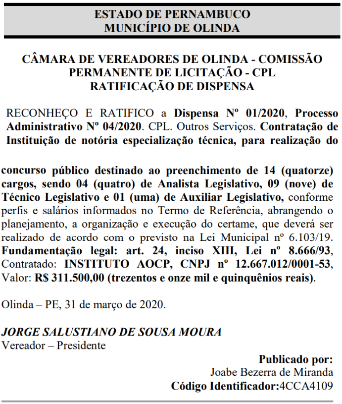 Dispensa de licitação para contratação do Instituto AOCP em 2020 para o concurso câmara de olinda