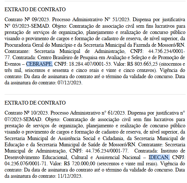 Extrato de Contrato que confirmam o Cebraspe e Idecan como bancas de futuros editais