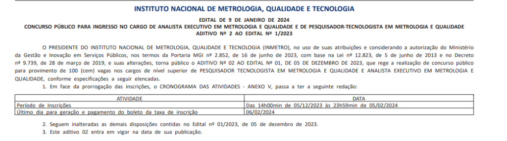 Inscrições do concurso INMETRO prorrogadas até 05/02!