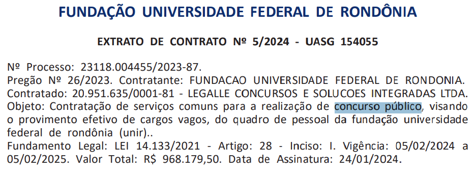 Extrato de contrato com a banca.