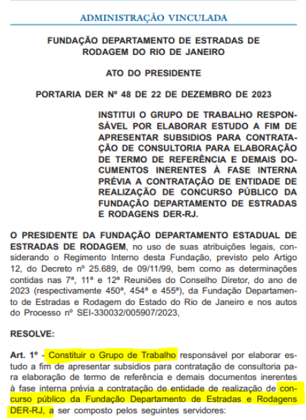 Concurso DER RJ: grupo de trabalho é formadO