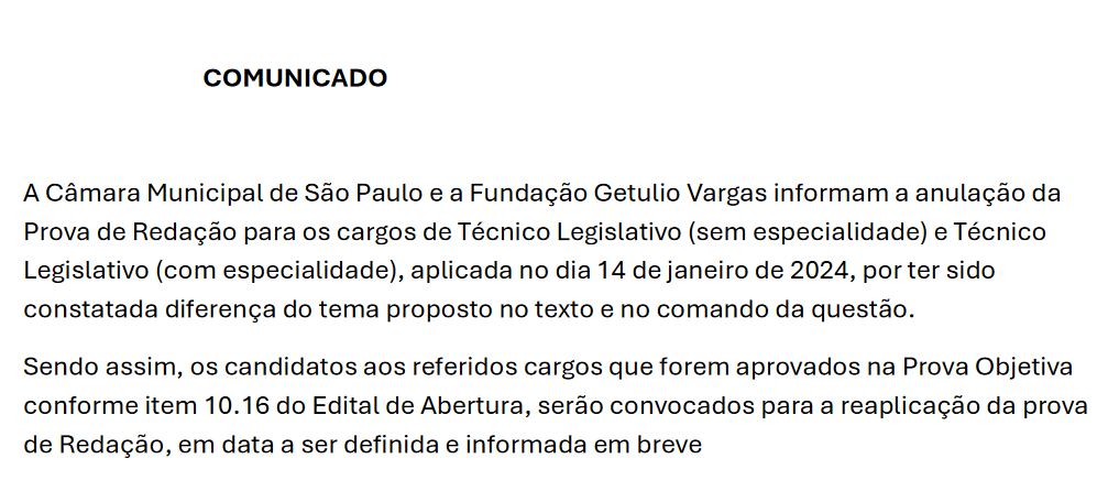 Concurso Câmara de SP: prova de redação para Técnico é anulada!