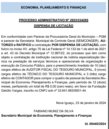 Dispensa de licitação que confirma a FGV como banca organizadora do próximo edital