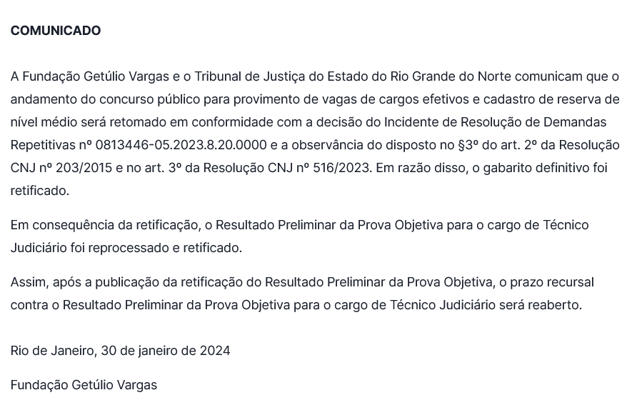 Concurso TJ RN: retomado para o nível médio