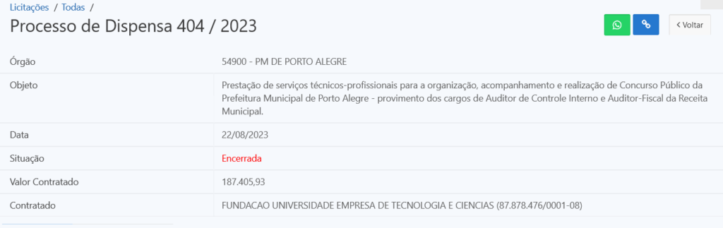 Extrato de contrato da FUNDATEC como banca organizadora