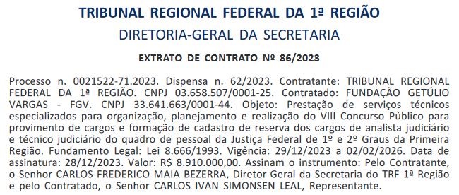 Extrato de contrato com a FGV do concurso TRF 1