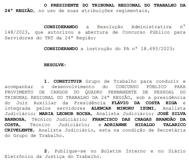 Grupo de trabalho formado para novo concurso do TRT 24!