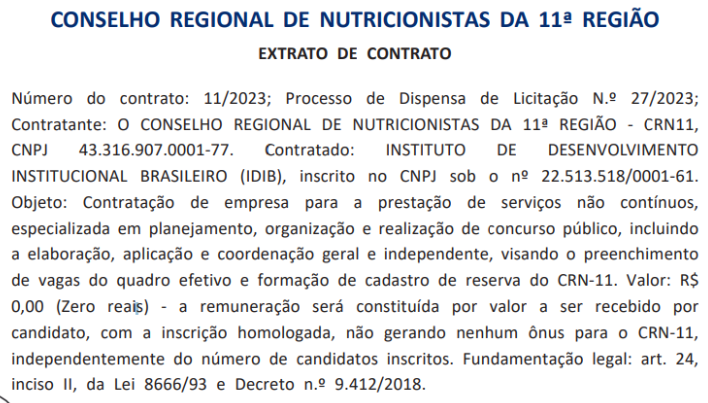 Extrato de contrato contrato com a banca organizadora.