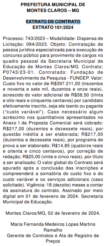 Extrato de contrato com a banca Fundep.