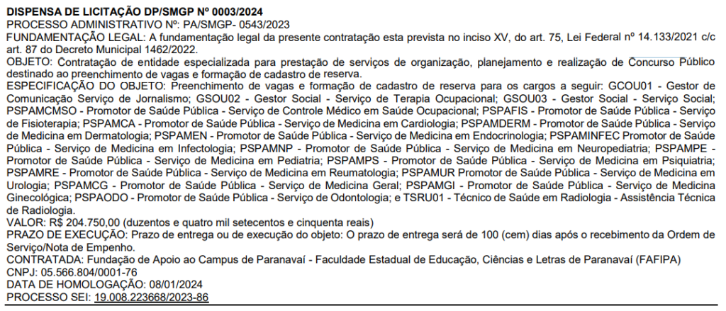 Dispensa de licitação que confirma a fafipa como banca do concurso Londrina Saúde