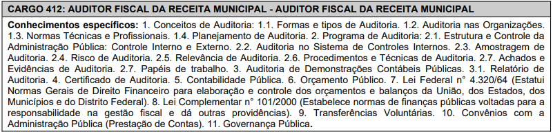 Conhecimentos específicos do cargo de Auditor Fiscal