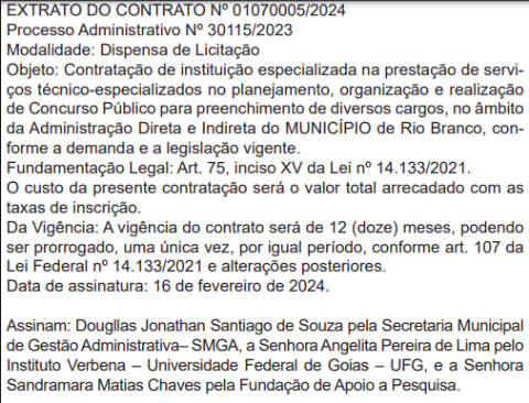 Extrato de contrato da contratação do Instituto Verbena - UFG como banca 