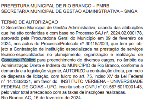 Termo de autorização para realização de um novo concurso