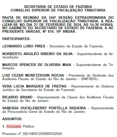 CSFT terá reunião na terça (27) para falar do concurso Sefaz RJ