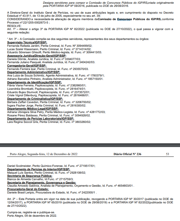 Portaria que designa os servidores que farão parte da Comissão do Concurso instituto geral de perícias rio grande do sul