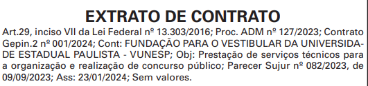 Extrato de contrato que oficializa a Vunesp como banca organizadora do próximo edital