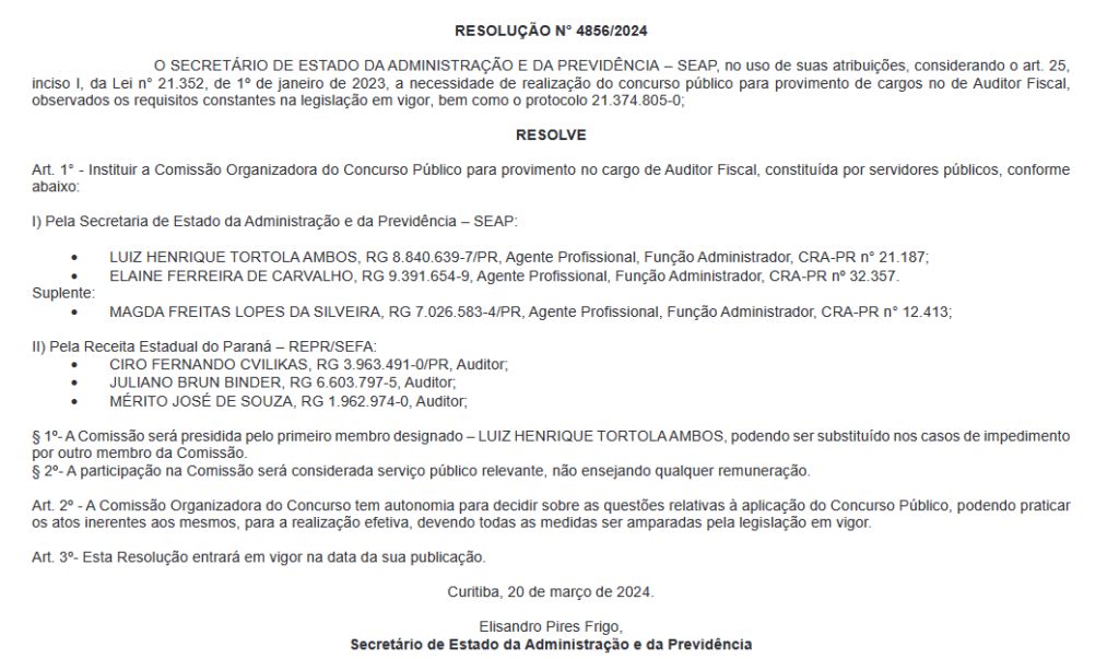 resolução que confirma a comissão formada para Auditor no concurso sefaz pr