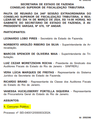 Reunião de hoje do Conselho será sobre o concurso Sefaz RJ