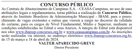 Concurso CEASA Campinas: edital ainda hoje; IBAM é a banca!