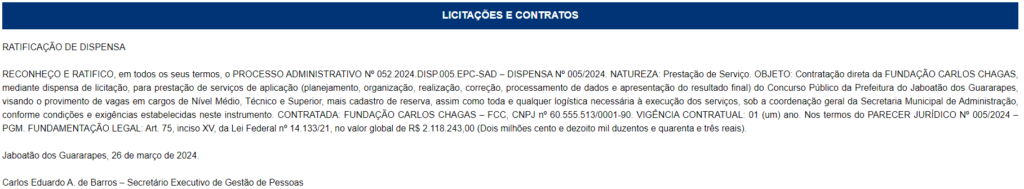 FCC é a banca do concurso Jaboatão dos Guararapes 