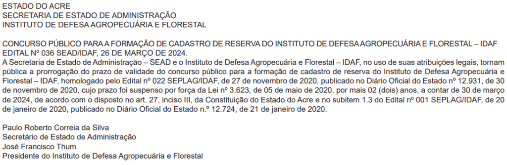 Concurso IDAF AC teve seu prazo de validade prorrogado por mais dois anos