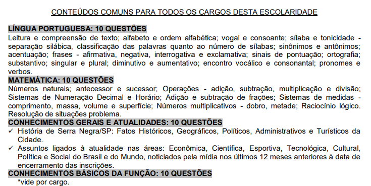 Conteúdos comuns a serem exigidos dos candidatos de todos os níveis na Prova Objetiva