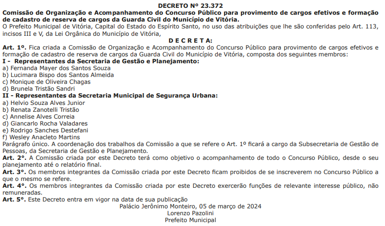 Concurso Guarda de Vitória tem comissão formada